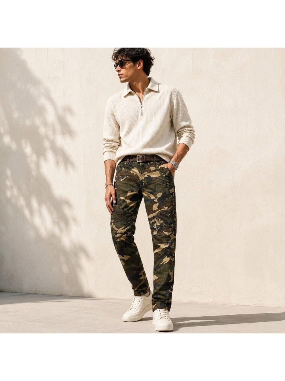 Camo Quilted Biker Jeans Men 36 Moto Pants Tapered Military Streetwear Cotton